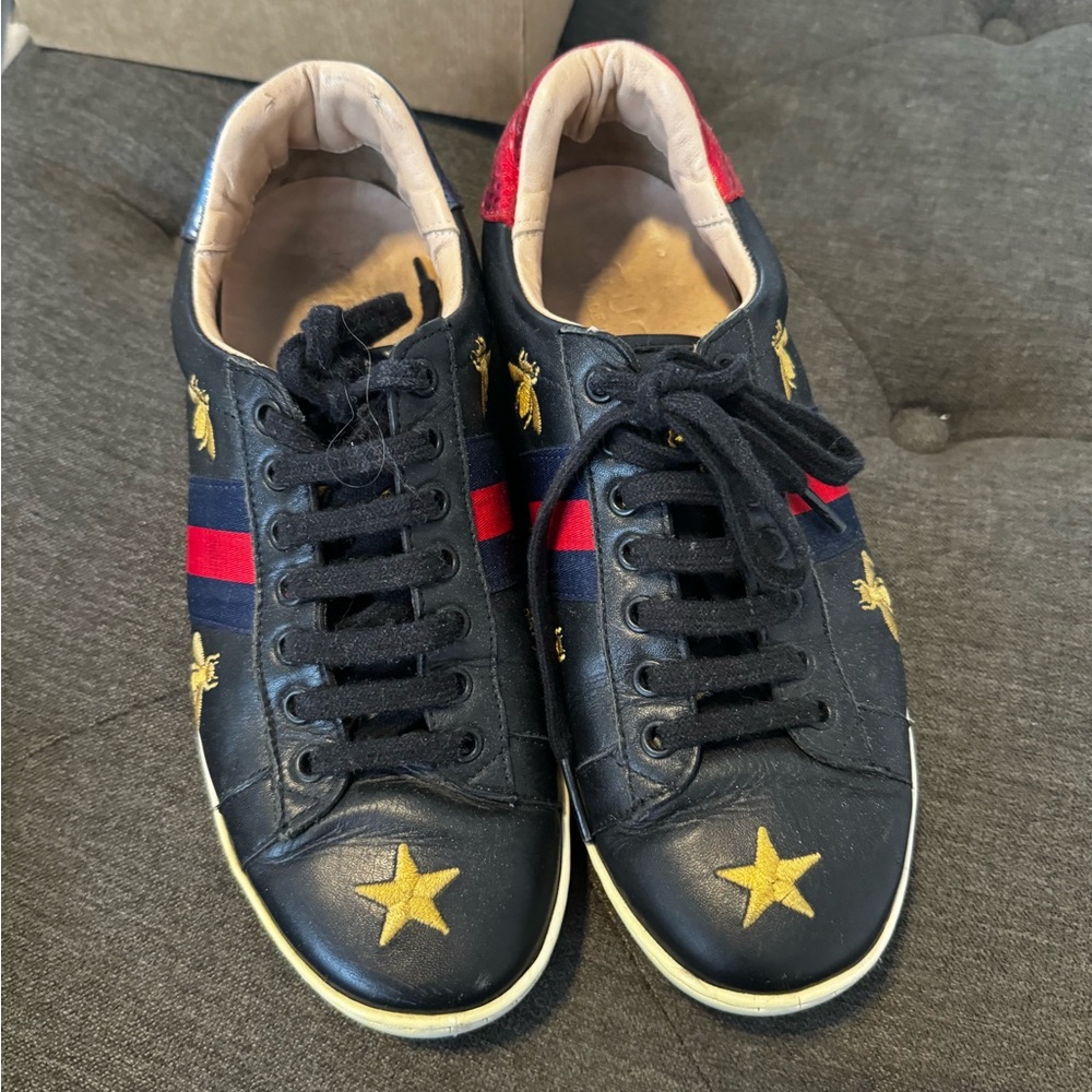 Gucci Unisex Black Sneakers with Gold Stars and Bees